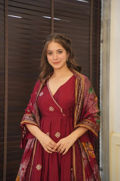 Maroon colour embroidery anrakli suit for women KF-148