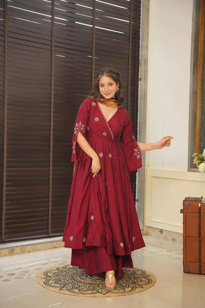 Maroon colour embroidery anrakli suit for women KF-148