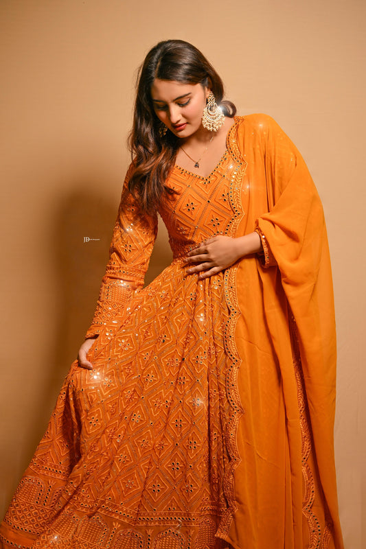 Vedika's Premium Quality Mustard Color Anarkali Suit Set