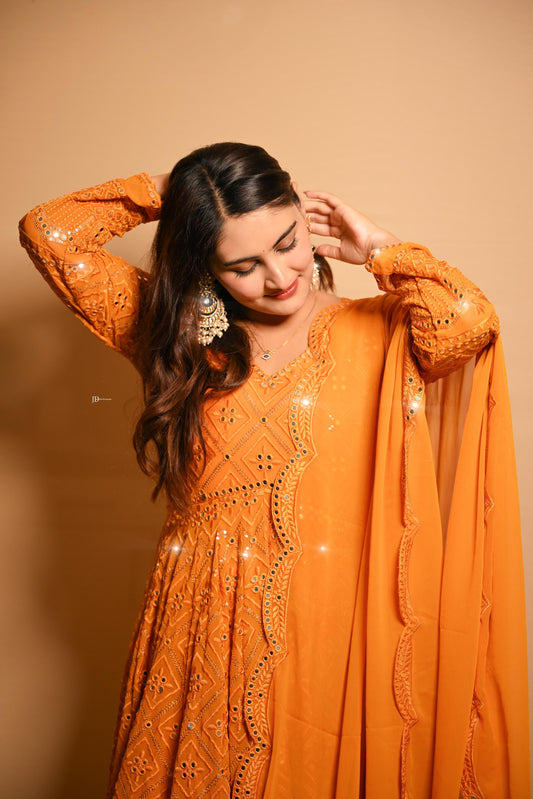 Vedika's Premium Quality Mustard Color Anarkali Suit Set