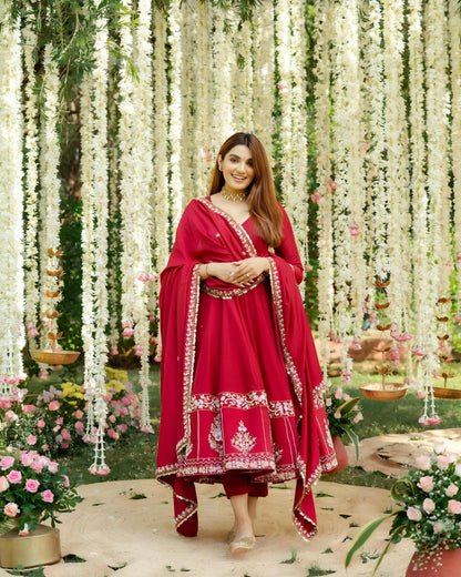 Nargis Premium Red Color Readymade Anarkali Suit Set [3 Pcs]