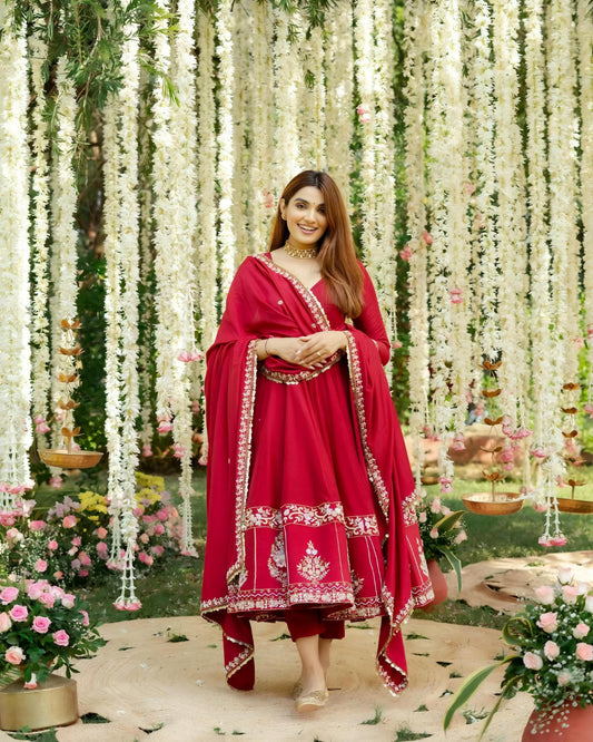 Nargis Premium Red Color Readymade Anarkali Suit Set [3 Pcs]