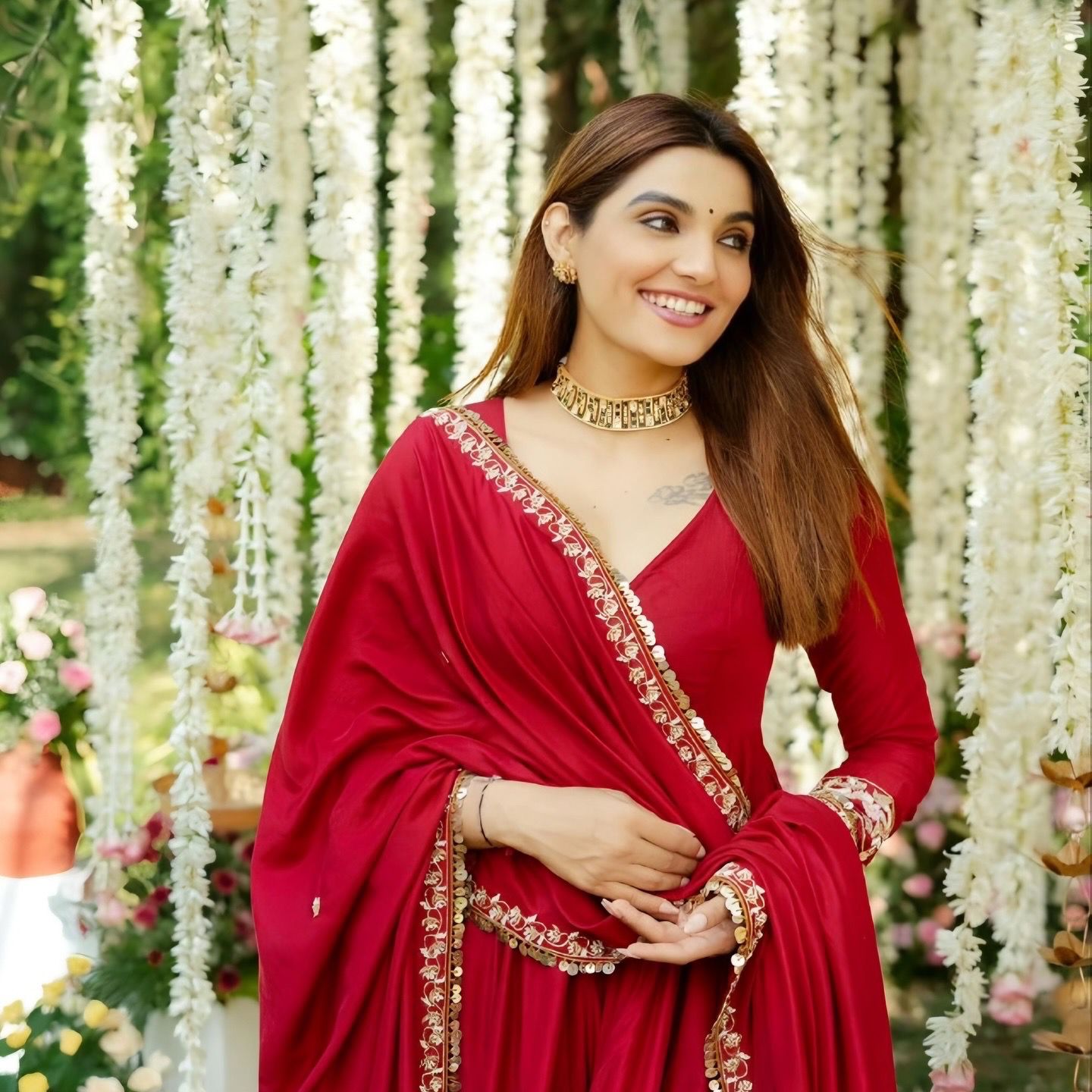 Nargis Premium Red Color Readymade Anarkali Suit Set [3 Pcs]