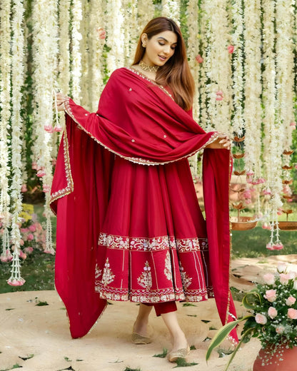 Nargis Premium Red Color Readymade Anarkali Suit Set [3 Pcs]