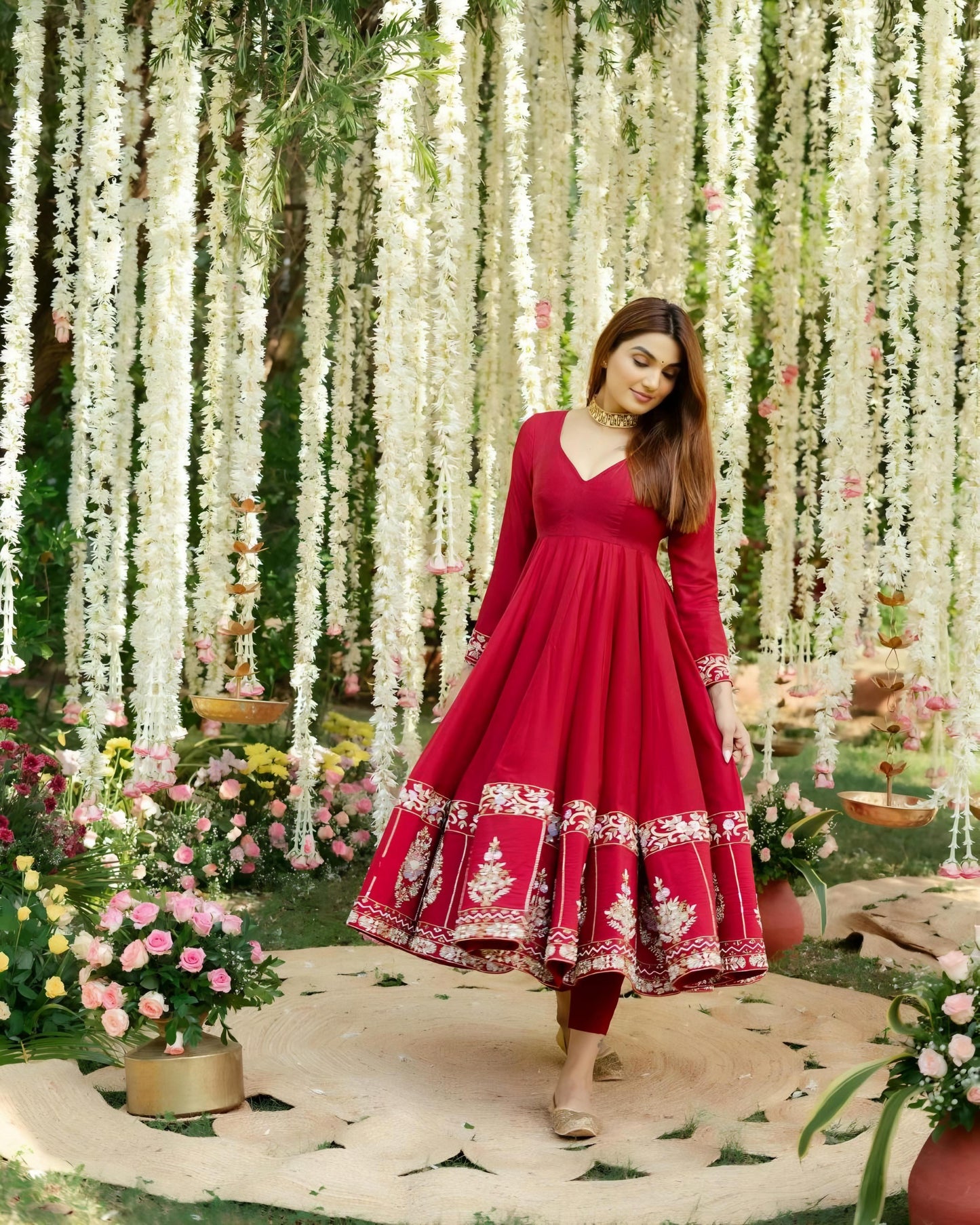 Nargis Premium Red Color Readymade Anarkali Suit Set [3 Pcs]