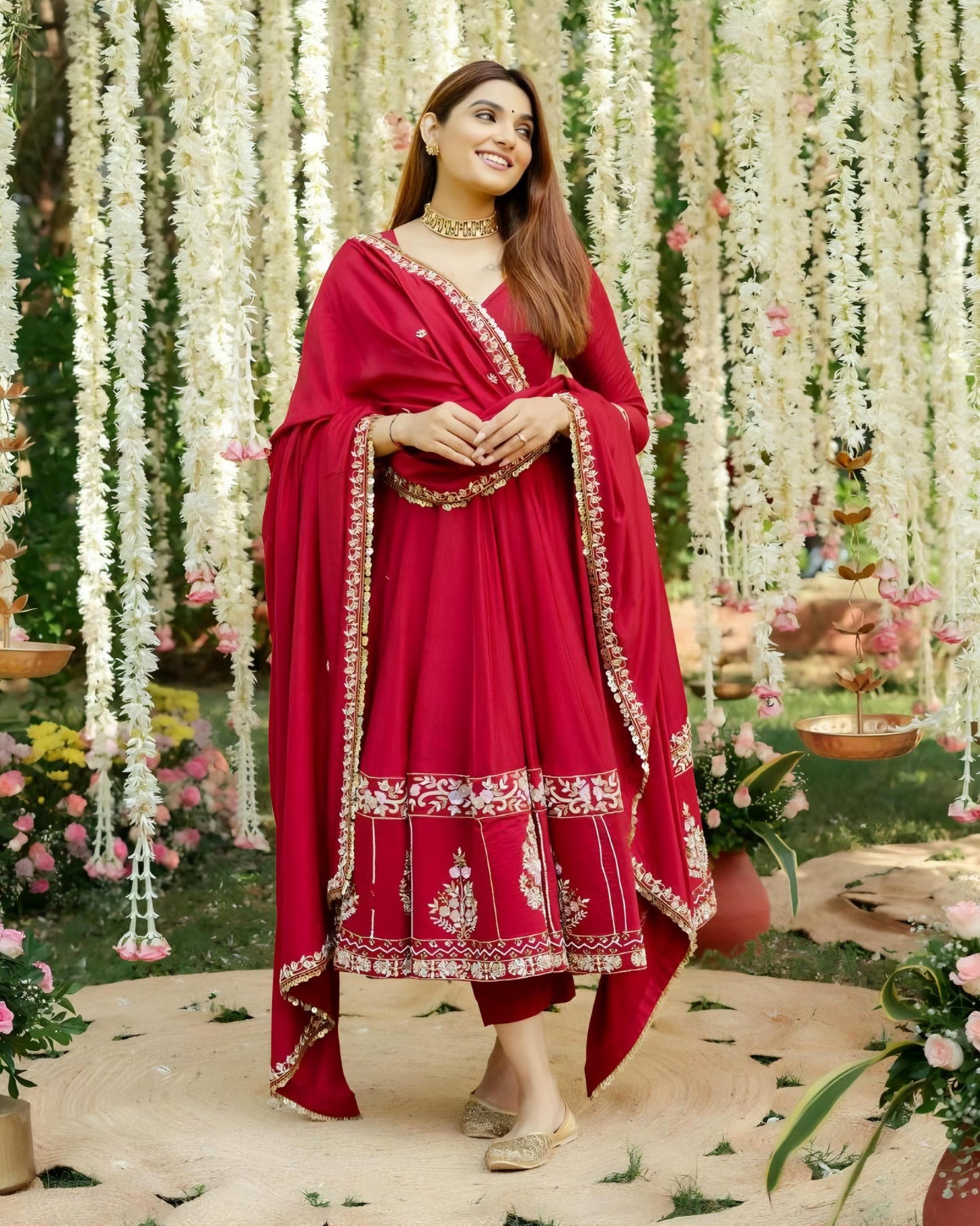 Nargis Premium Red Color Readymade Anarkali Suit Set [3 Pcs]