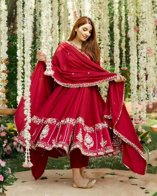 Nargis Premium Red Color Readymade Anarkali Suit Set [3 Pcs]