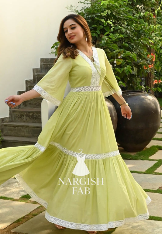 NARGIS  MELLOW GREEN WHITE LACE DRESS - 014