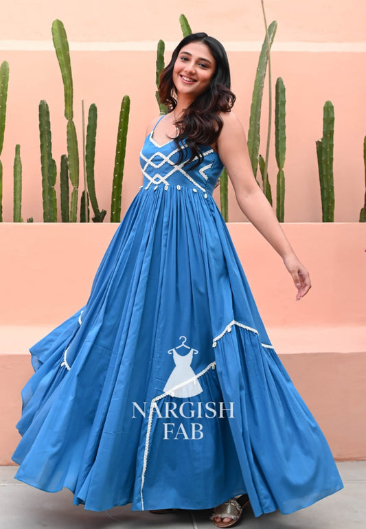 Light Blue Cotton Dress with Lace - 013