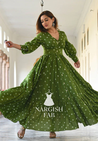 Olive Green Bandhani Print Flared Maxi Dress with Puff sleeves - 009