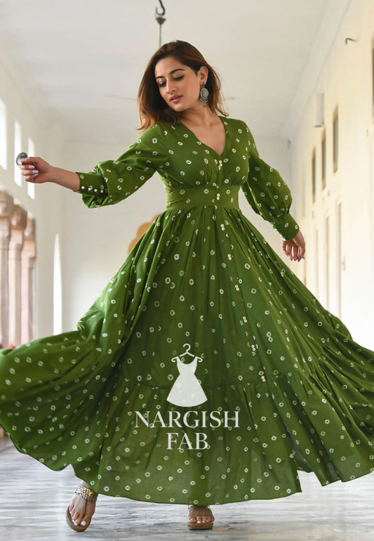 Olive Green Bandhani Print Flared Maxi Dress with Puff sleeves - 009