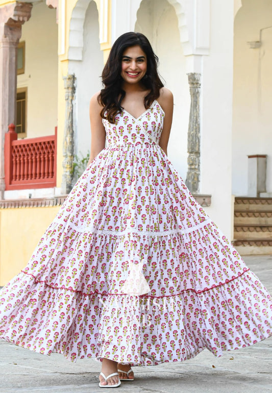 Floral Hand Block Print Cotton Anarkali Maxi Dress for Women – Sleeveless Ethnic Summer Wear - 010