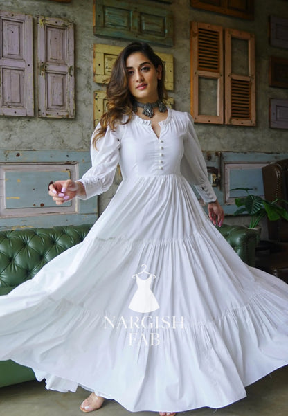 White Flared Maxi Dress with Puffy sleeves & Front Buttons - 008