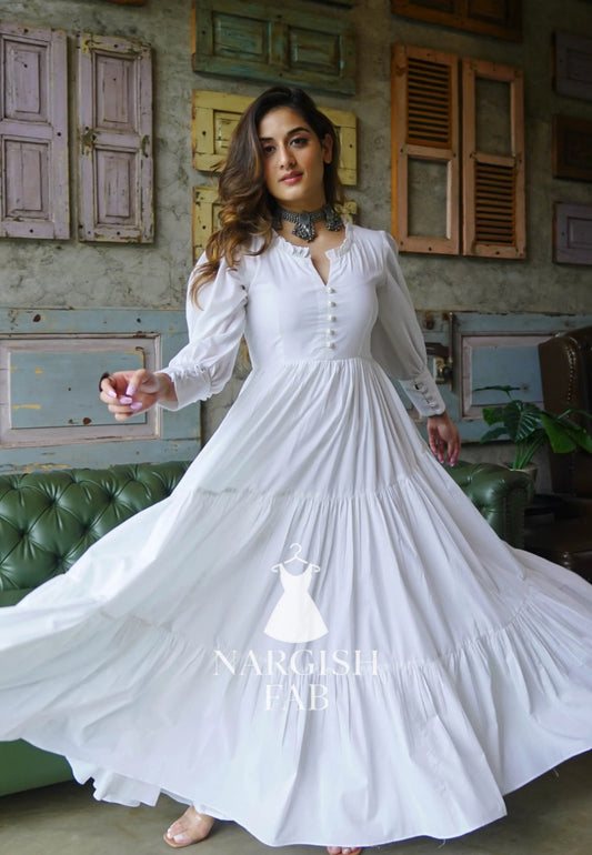 White Flared Maxi Dress with Puffy sleeves & Front Buttons - 008