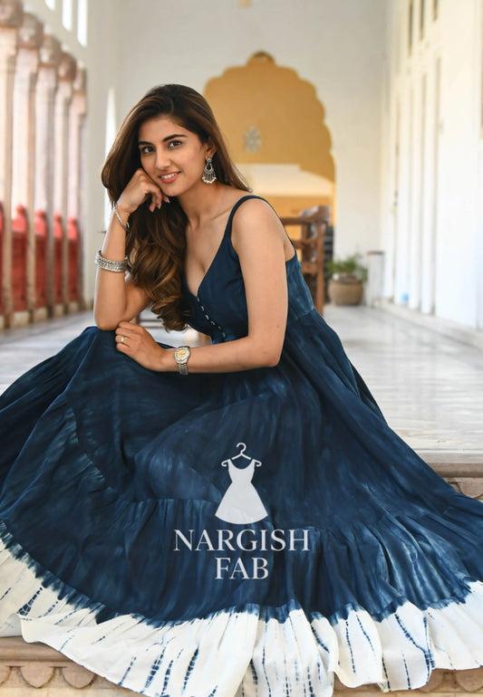 Navy Blue Tie-dye sleeveless Maxi Dress for women - 006