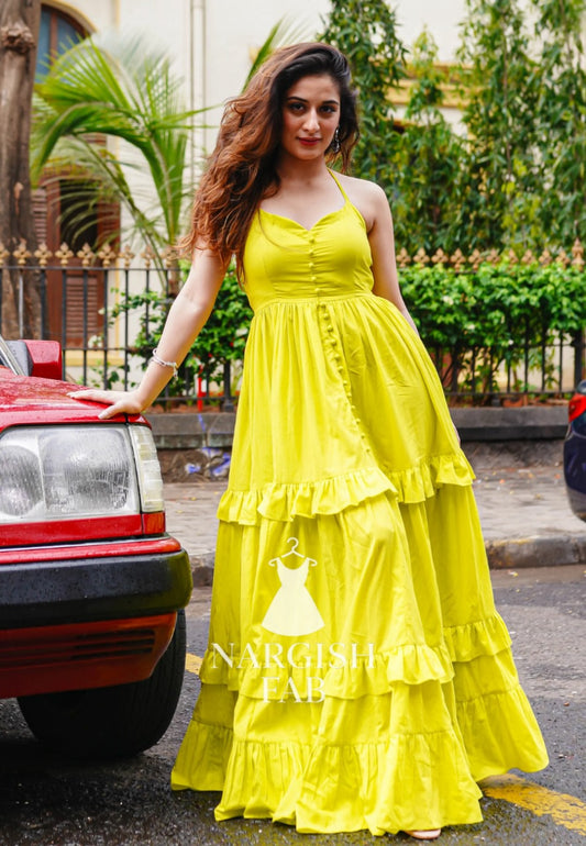 Bright Yellow Halter Neck Tieres Ruffle Maxi Dress - 003
