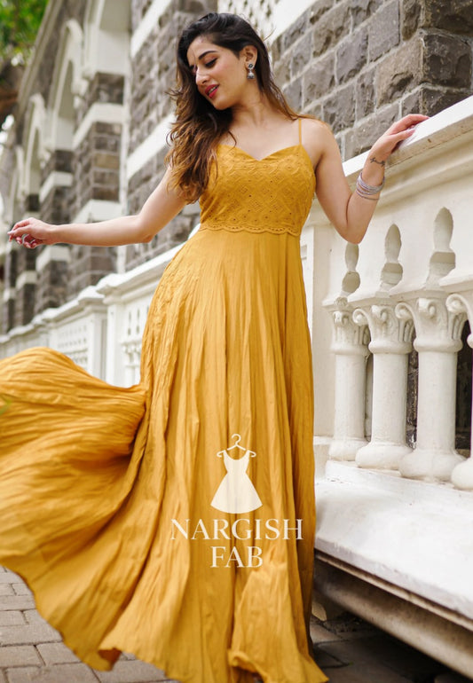 Mustard Crinkled flowy Maxi Dress with embroidered Bodice - 005