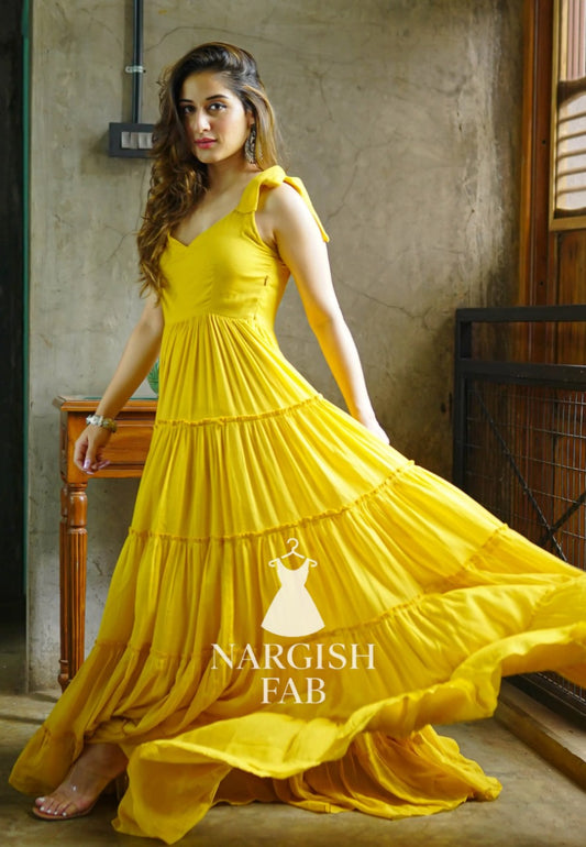 Yellow Tiered Maxi Dress with Tie - up sleeve - Flowy Ethnic Funsion Outfit - 007