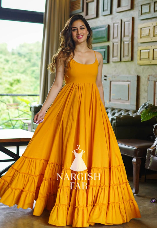 Mustard Yellow Spaghetti Strap flowy Ruffle Maxi Dress - 004