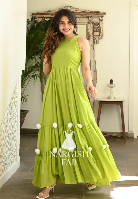 Lime Green Tieres Maxi Dress White pom-pom Detailing - 001