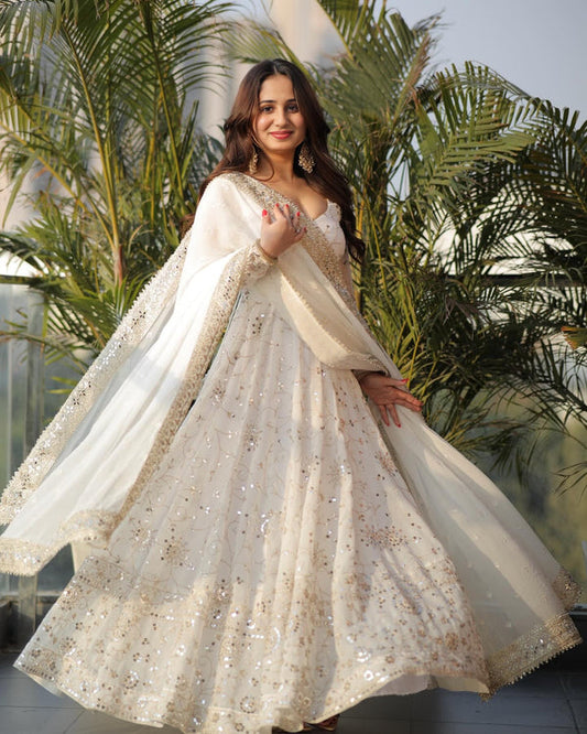 Nargish Off White Suit Set With Embroidery and Sequnce Work