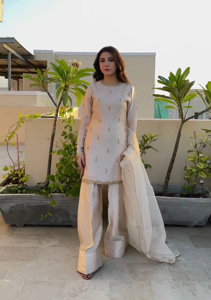 Embroidered Pakistani Formal Suit | Long Kurti with Gharara Pants & Dupatta KFP-1096