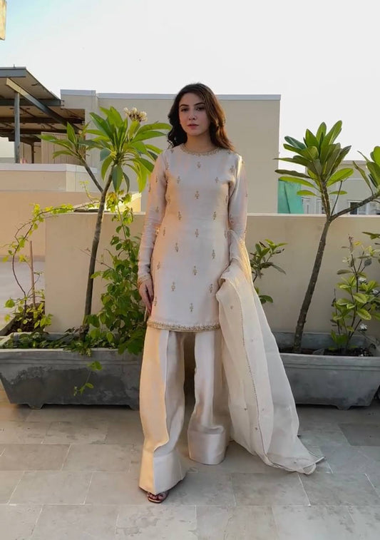 Embroidered Pakistani Formal Suit | Long Kurti with Gharara Pants & Dupatta KFP-1096