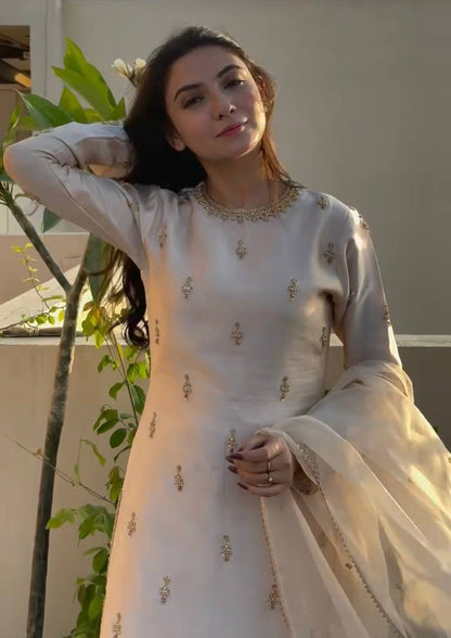 Embroidered Pakistani Formal Suit | Long Kurti with Gharara Pants & Dupatta KFP-1096