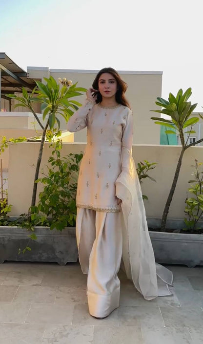 Embroidered Pakistani Formal Suit | Long Kurti with Gharara Pants & Dupatta KFP-1096