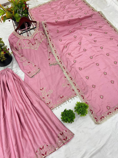 Embroidered Straight Suit with Palazzo and Heavy Work Dupatta KFZ-3114