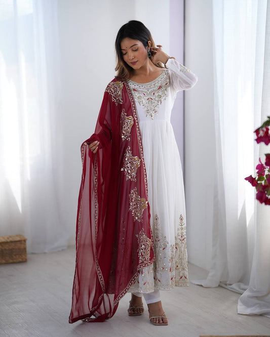 Elegant White Anarkali Suit with Maroon Embroidered Dupatta KFZ-5008
