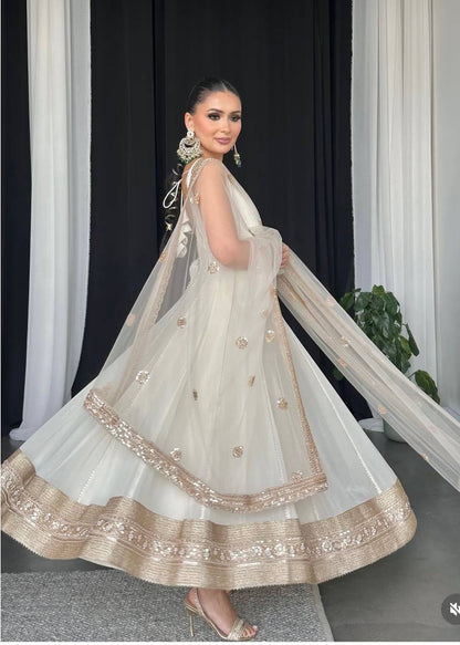 Ivory Sleeveless Anarkali Gown with Net Dupatta – Elegant Sequin Border Work Ethnic Dress for Weddings & Festive Events KFW-1179