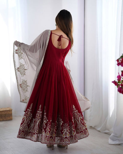Maroon Anarkali Gown with Heavy Embroidery and Net Dupatta KFZ-5008