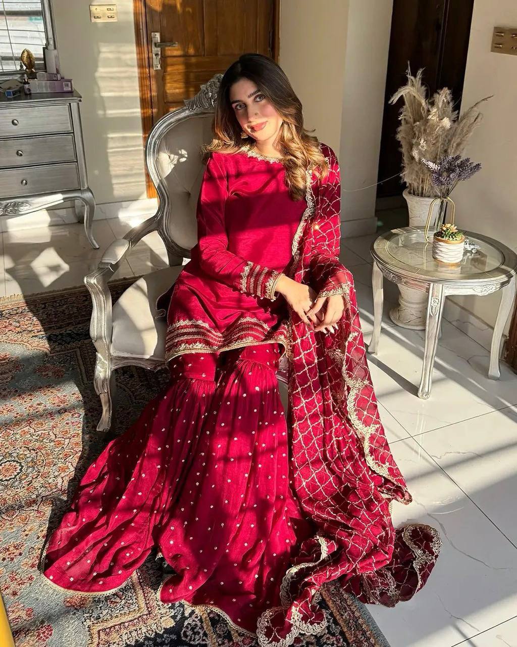 Presenting New Red Color Designer Party Wear Set – Embroidered Top, Plazzo & Dupatta KRS-5261