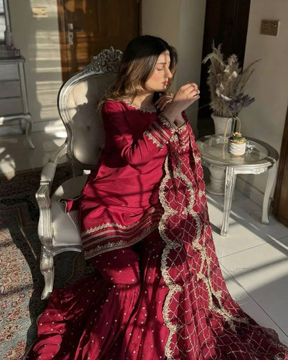 Presenting New Red Color Designer Party Wear Set – Embroidered Top, Plazzo & Dupatta KRS-5261