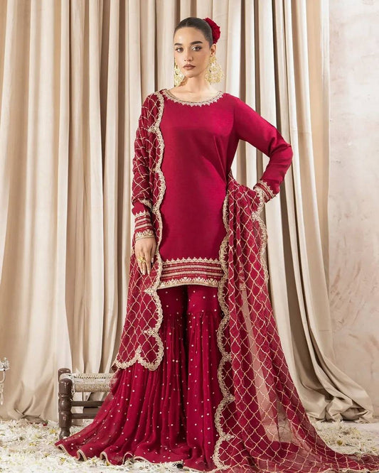 Presenting New Red Color Designer Party Wear Set – Embroidered Top, Plazzo & Dupatta KRS-5261