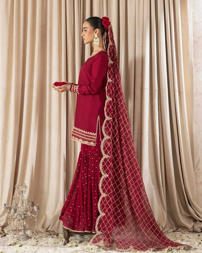 Presenting New Red Color Designer Party Wear Set – Embroidered Top, Plazzo & Dupatta KRS-5261
