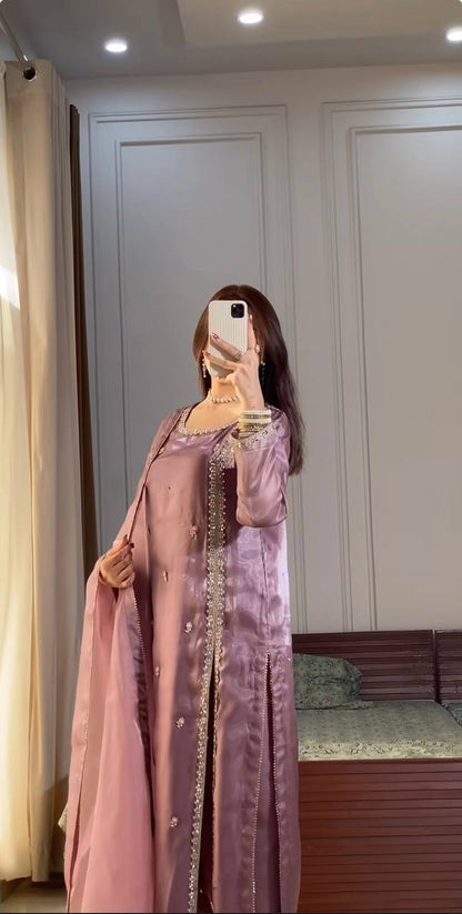 Latest Party Wear Look – Jimmy Choo Silk Top with Plazzo and Dupatta Set RSN-851