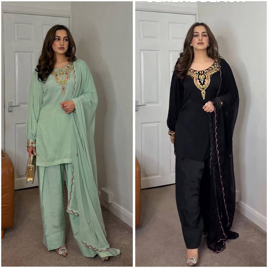 Mint Green And Black Color Designer Party Wear Georgette Top-Palazzo & Dupatta Set with Heavy Embroidery RSN-854