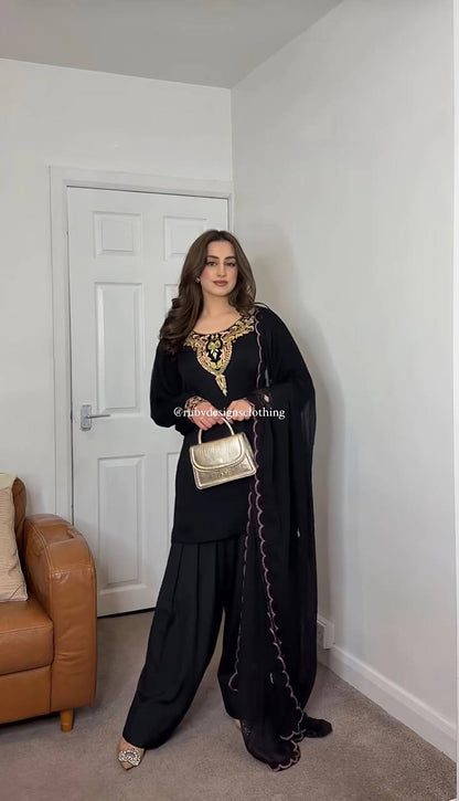 Mint Green And Black Color Designer Party Wear Georgette Top-Palazzo & Dupatta Set with Heavy Embroidery RSN-854