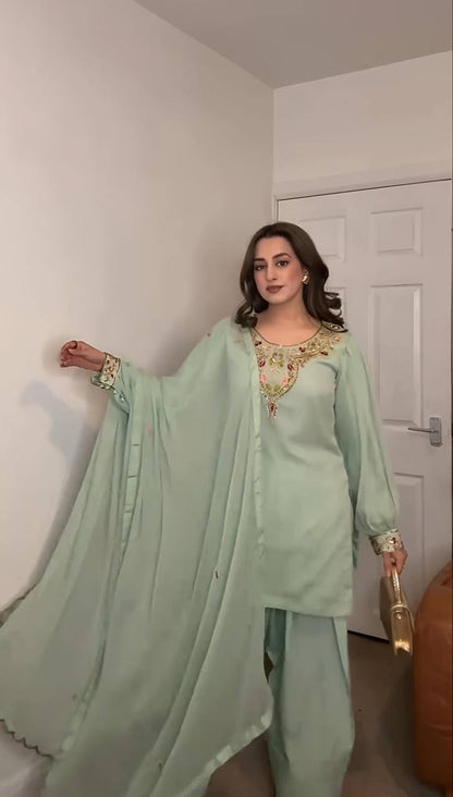 Mint Green And Black Color Designer Party Wear Georgette Top-Palazzo & Dupatta Set with Heavy Embroidery RSN-854