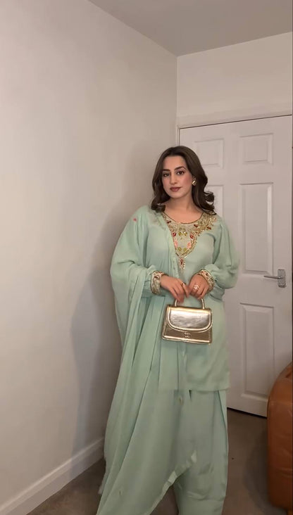Mint Green And Black Color Designer Party Wear Georgette Top-Palazzo & Dupatta Set with Heavy Embroidery RSN-854