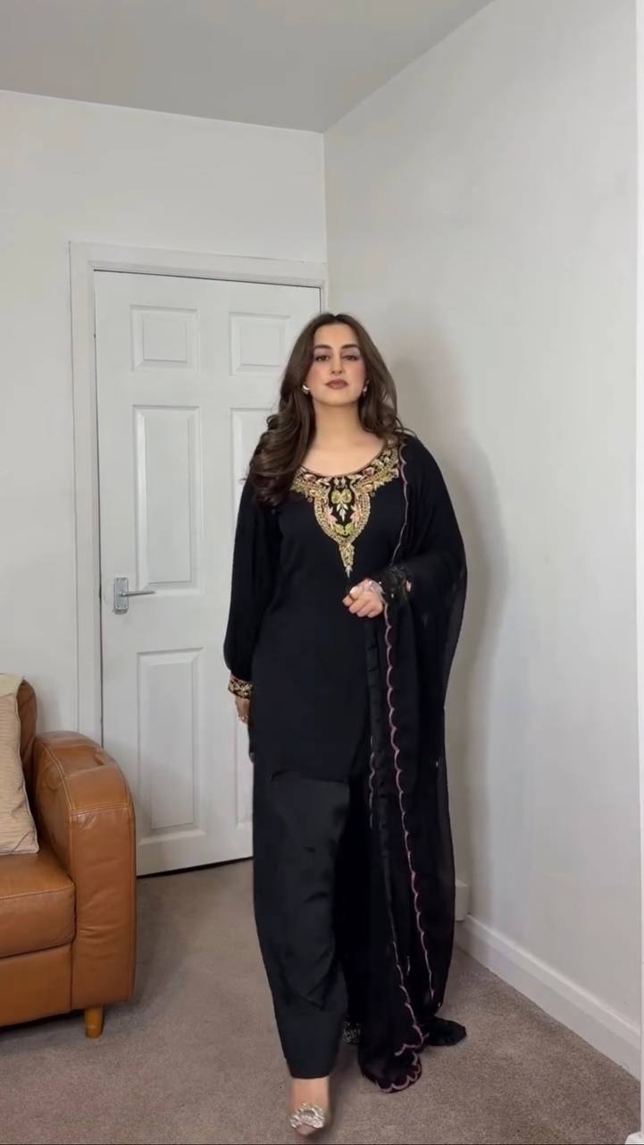 Mint Green And Black Color Designer Party Wear Georgette Top-Palazzo & Dupatta Set with Heavy Embroidery RSN-854