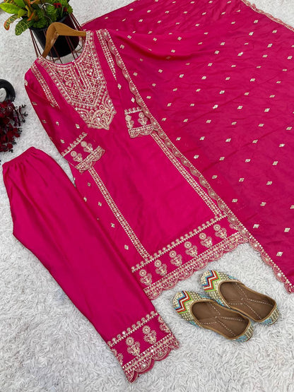 Elegant Hot Pink Chinnon Silk Suit Set with Heavy Embroidery & Dupatta KFZ-5001