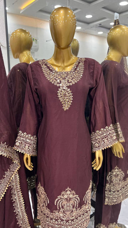 Elegant Maroon Chinon Silk Suit with Heavy Golden Embroidery KFS-508