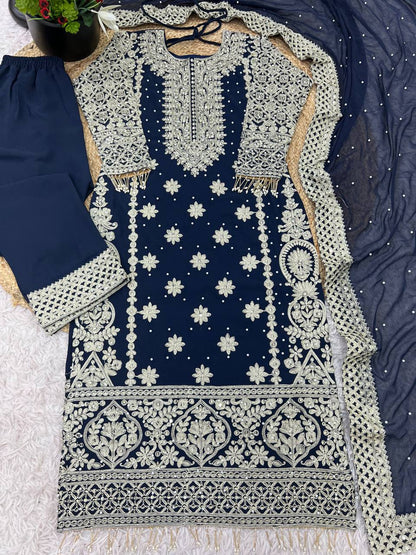 Heavy Embroidered Faux Georgette Kurti Plazzo Dupatta Set KFS-1654