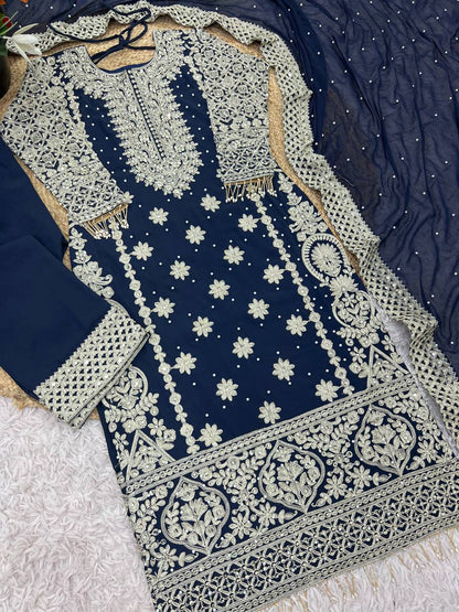 Heavy Embroidered Faux Georgette Kurti Plazzo Dupatta Set KFS-1654