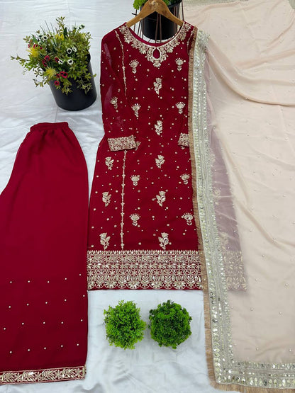 Designer Embroidered Suit Set for Women with Net Dupatta & Potli KFSR-1665