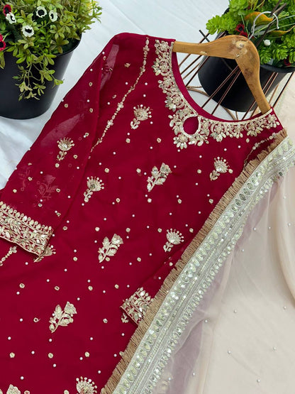 Designer Embroidered Suit Set for Women with Net Dupatta & Potli KFSR-1665