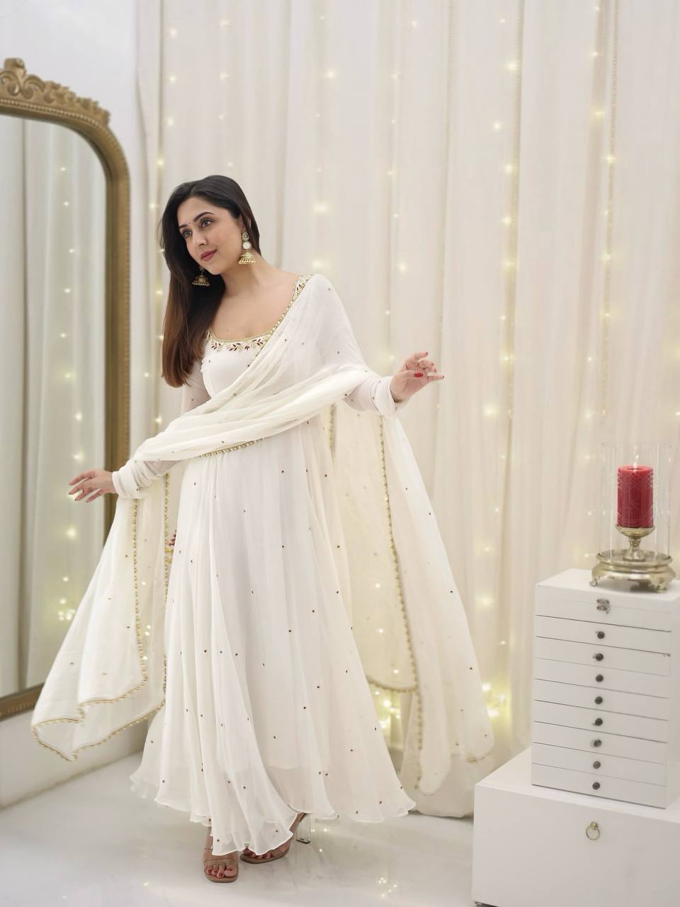 White Designer Gown Set in Faux Georgette – Embroidered & Fully Stitched with Dupatta KRS-5271